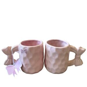 Market Finds Hand Painted Pink Bow Handle Ceramic Coffee Tea Mug Set of 2 NEW